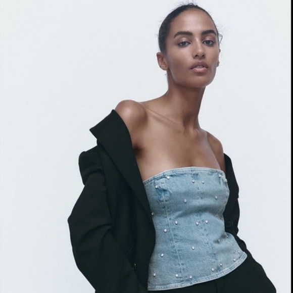 Zara Denim Top Jewel Corset Rhinestone size S - Picture 9 of 12